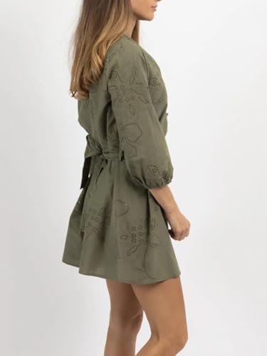Image of Joiemont Womens Olive Embroidered Belted Mini Dress Summer Half Button 3 /4 Sleeve Eyelet Dress
