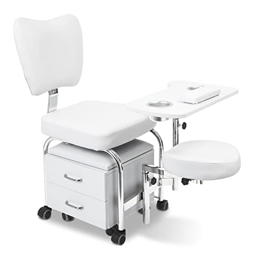 OKAKOPA Adjustable 2 in 1 Compact Mobile Manicure Pedicure Chair, Portable Pedicure Manicure Station with Stool for Technician, Salon Nail Board, Footrest, Mobile Stool W/Drawers (White) - Thumbnail 2