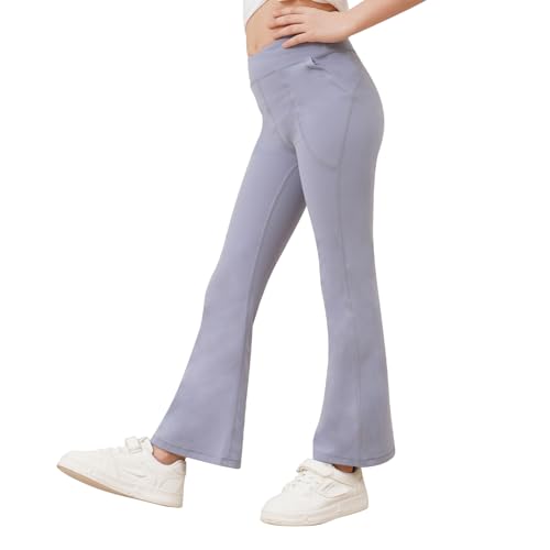 Girls Yoga Flare Leggings, Athletic Leggings for Kids, High Waisted Bell Bottoms for Dance Workout Light Blue3