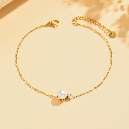Image of NONAMOIS 18K Gold Plated Diamond Ankle Bracelets for Women Waterproof Gold CZ Pearl Bow Link Chain Anklets Non Tarnish Summer Beach Foot Jewelry Gifts