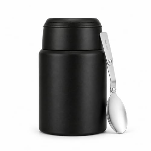 Image of Insulated Food Jar with Folding Spoon | 304 Stainless Steel Lunch Pot, Leak Resistant Wide Mouth Thermos for Hot & Cold Food | Soup Container for Office Travel (550ml, Black)