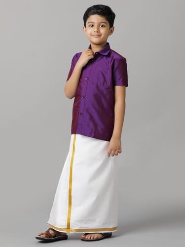 Image of RAMRAJ COTTON Boys Silk Cotton Shirt With Adjustable Cream Dhoti Perfect For Ceremonies| Festivals| And Special Occasions