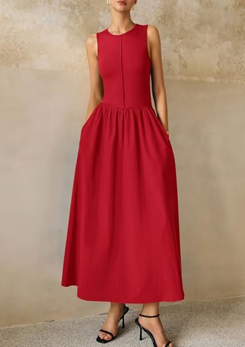 Image of PRETTYGARDEN Maxi Dresses for Women 2026 Summer Casual Sleeveless Patchwork Flowy Vacation Sundress Knit Long Work Tank Dress