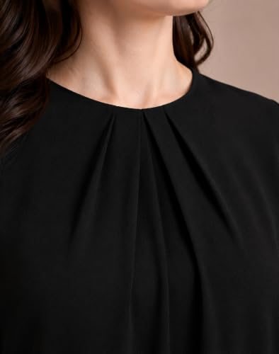 Image of Mirana Women's Full Sleeve Solid Top | Round Neck Pleated Front Regular Fit Office Casual Blouse with Button Cuffs