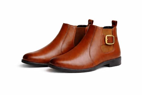 Image of Chelsea Ankle Boots, Brown, Elastic Side Panel, Gold Buckle Detail, Black Sole