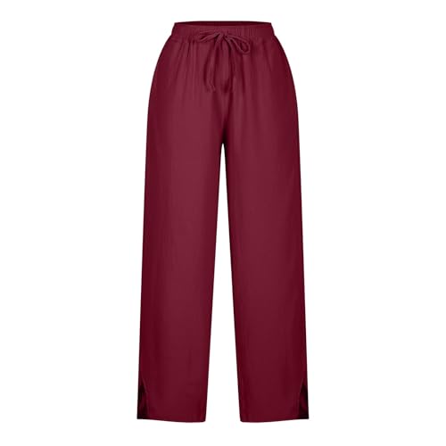 Womens Wide Leg Cotton Linen Pants Side Slit Hem Ankle Length Slacks Casual Elastic Waist Trousers with Pockets4