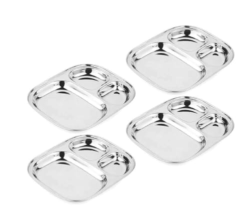 Image of Stainless Steel Plate with 3 Compartments for Lunch, Dinner Plates Set of 4 (Big)