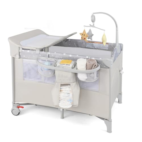 Image of BABY JOY 5-in-1 Pack and Play, Portable Baby Bedside Sleeper with Bassinet, U-Shaped Diaper Changer, Safety Strap, Side Zipper Entrance, Hangings, Bedside Crib Playard from Newborn to Toddlers (Beige)