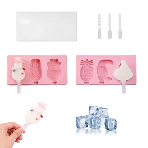 LdawyDE 2Pcs Moules à Glace en Silicone, Moules à Esquimaux Fruits et Animaux, pour Enfants et Adultes, avec Bâtonnets et Couvercle, sans BPA, pour DIY Glace, Bâtonnets de Fromage et Gâteau