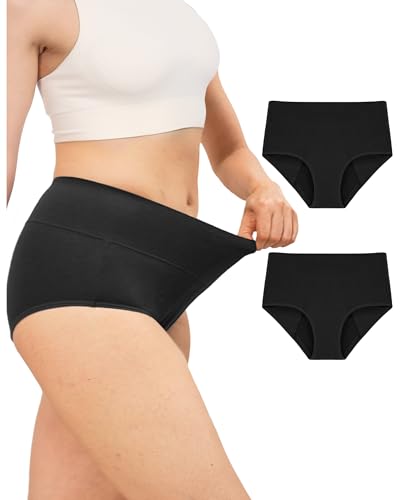 Neione Women Incontinence Underwear, Cotton Leakproof Panties for Heavy Flow Period & Postpartum, High-Waisted Full Briefs 2 Pack Black M