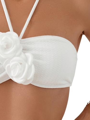 SHENHE Women's 2 Piece Halter Swimsuit 3D Flower Appliques Bandeau Tummy Control Bikini Set4