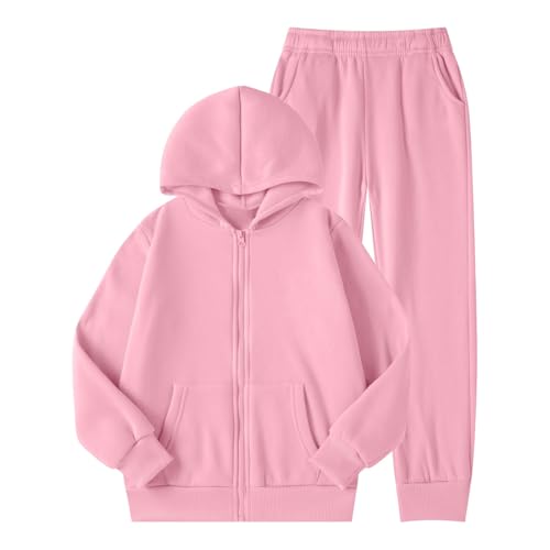 Girls Clothing Set 2 Piece Outfits Fleece Zip Up Hoodie and Sweatpants Set Oversized Cute Preppy Sweatsuits with Pockets