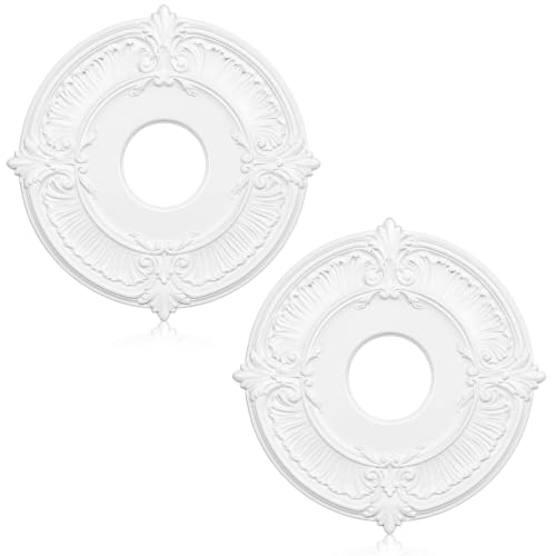 Image of 2pcs Ceiling Medallion for Light Fixtures Chandeliers,White,Delicate | Molded PU Ceiling Decor, Lightweight Decorative Trim, for Ceiling Fan, Chandelier and Indoor Lighting Fixture Home Renovation