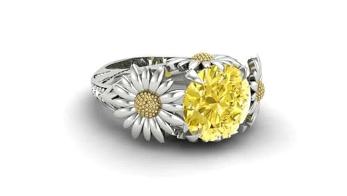 Round Cut Simulated Yellow & Diamond 925 Sterling Silver Diamond Sunflower Design Wedding Engagement Ring for Women's In 14K White Gold Over