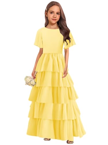 MAGGCIF Tiered Chiffon Junior Bridesmaid Dresses with Bow Short Sleeve A-Line Flower Girl Dresses Party Pageant Gowns