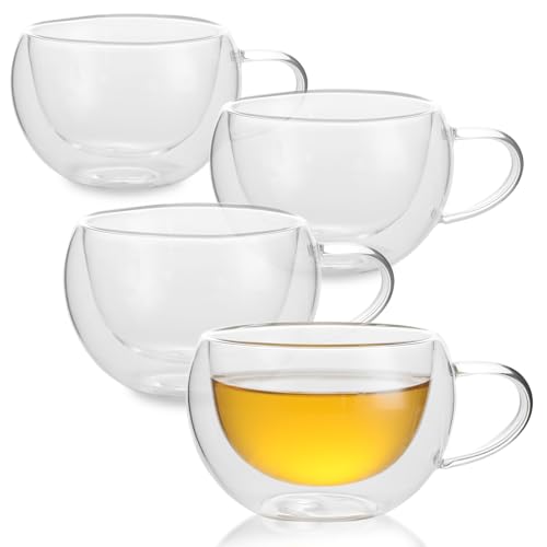 GURUDAR Double Wall Insulated Glass Tea Cups Set of 4, Clear Borosilicate Glass Espresso Shot Cups for Espresso Machine, Teacups Coffee Mugs with Handle for Cappuccino Latte, 7OZ/200ML