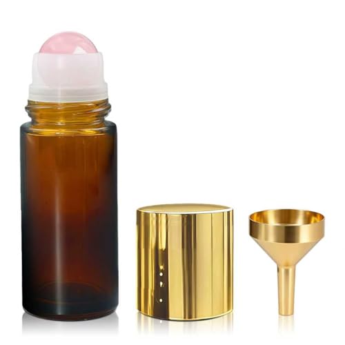 Warmify Rose Quartz Roller Bottles for Oils 50ml Refillable Amber Glass Roll On Bottles with Natural Crystal Roller Balls Leak-Proof Travel Perfume Bottle with Gold Caps