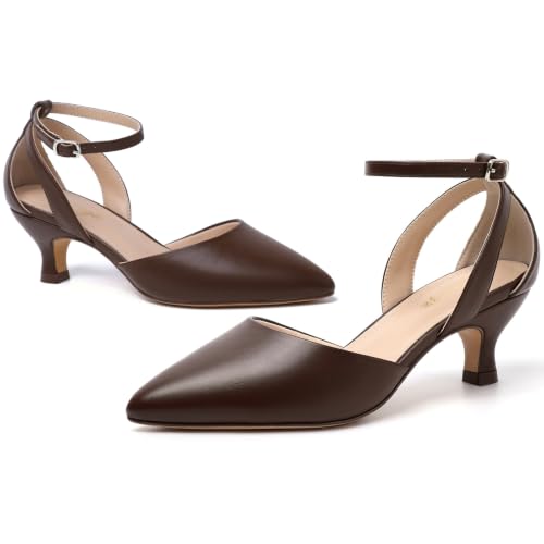 Image of RIBONGZ Comfortable Kitten Heels for Women Pointed Closed Toe Ankle Strap Buckle Heels Slip on Low Heel Church Pumps Wedding Bridal Party Dressy Shoes
