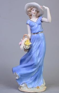 Porcelain Basket Flower Girl Figurines Bouquet Statues Ceramic Sculpture, 12 inch Lady Home Decor, Art Figure Desktop Decorations, Dress Girls Great Gift Crafts, Ornaments for Home Party Blue