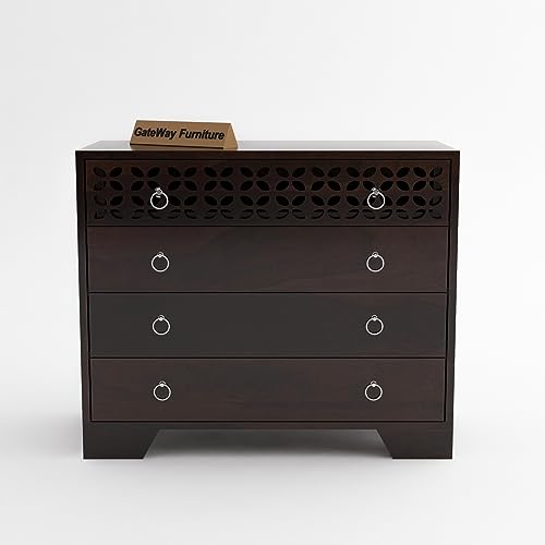 Image of GateWay Furniture Solid Sheesham Wood Wooden Chest of Drawers with 4-Drawer Storage (Asher, Walnut Finish)