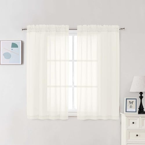 Image of Chyhomenyc Ivory Sheer Curtains 48 Inch Long, Light Filtering Solid Color Bedroom Window Sheer Curtain Panels, Elegant Short Curtains & Drapes for Living Room, 42Wx48L, 2 Panels