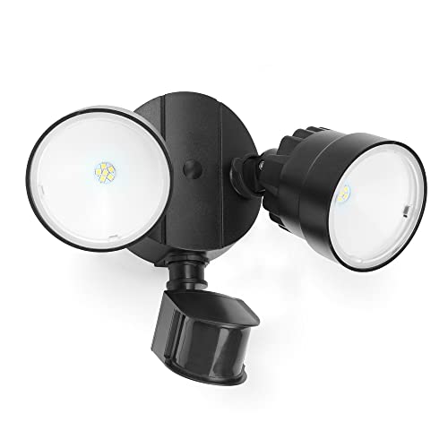 LUTEC Shrimp 12W PIR LED Security Light 1250LM 5000K Outside Lights With Sensor Outdoor Wall Lights Integrated Twin Heads Flood Light, Exterior for Patio, Garden, Yard Black