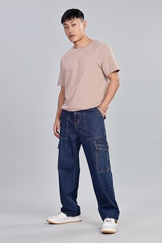 Image of INKD Men's Cargo Baggy Jeans - Mid-Rise | 100% Cotton | Contrast Stitch| 6 Pocket Styling | Baggy Jeans for Man | Loose fit & Comfortable (Available in Plus Sizes)