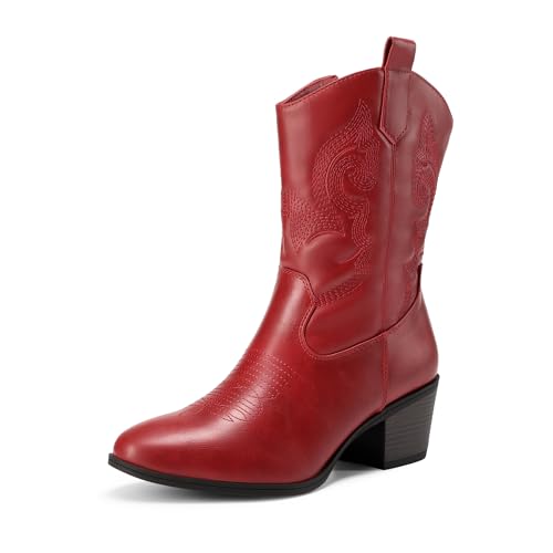 Image of DREAM PAIRS Mid Calf Cowboy Cowgirl Boots for Women | Round Toe Western Boots, Chunky Low Heel, Embroidery Boot, Country Music Festivals Theme Party
