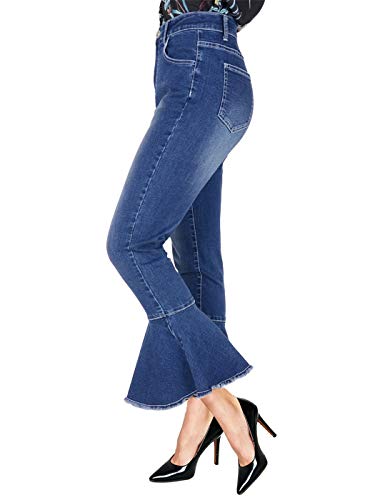 Anna-Kaci Women's Boho Ripped Frayed Raw Ruffle Hem Denim Jeans Flared Pants2