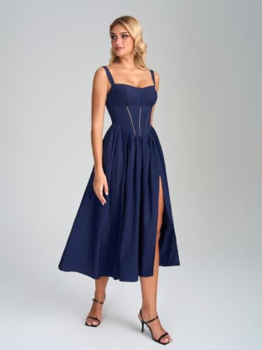 Image of KUTUMAI Floral Corset Midi Dress Flowy Slit Summer Spring Wedding Guest Dresses for Women Sundress with Pockets