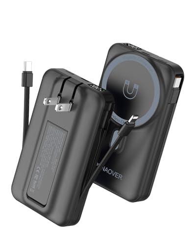 penaover Magnetic Power Bank, 10000mAh Wireless Portable Charger with Built-in Cable& AC Wall Plug, Battery Pack PD 22.5W with Stand, LED Display for iPhone 16/15/14 Series, Samsung S22 S21, Pixel