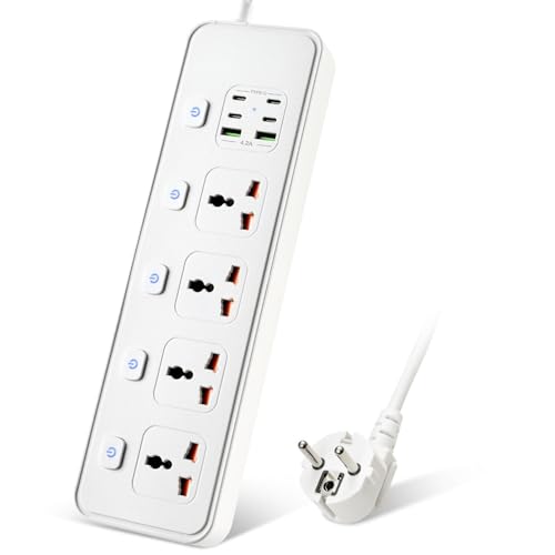 Multiprise Universelle 4 Prises avec USB et Commutateurs Individuel, Universelles Power Strip, Câble d'Extension 2 m Compatible Fiches UE, US, UK, AU, CN, JP, Idéal...