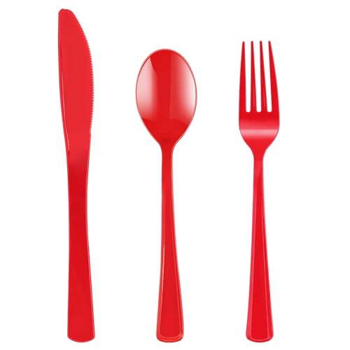 Dualshine 150pcs Red Disposable Cutlery Set Heavy Duty Plastic Silverware with 50 Forks 50 Knives 50 Spoons Perfect for Holiday Party Birthday Wedding Camping Catering