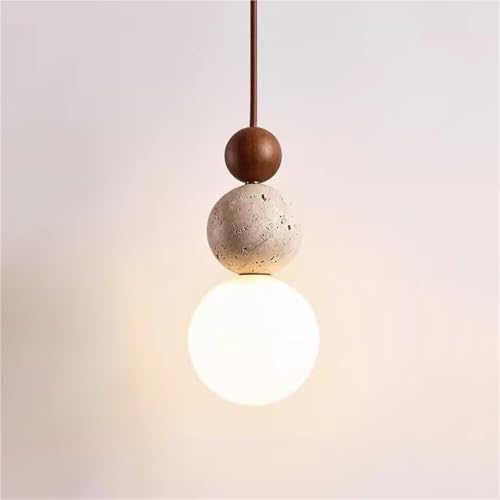 AWEITG Modern Pendant Chandeliers with White Glass Sphere, Hanging Chandeliers in Wood and Natural Stone for Dining Room and Kitchen with Island(Walnut Color)