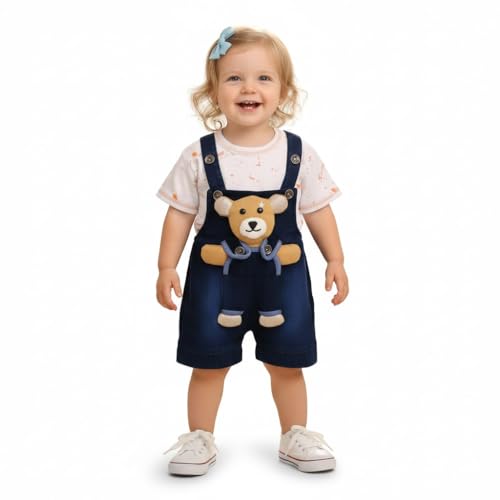 Image of A.T.U.N. (ALL THINGS UBER NICE) Baby Girls Cotton Denim Dungaree Set with 3D Teddy Bear Design |Printed T-Shirt with Adjustable Straps | Stylish & Comfortable Daily Outfit for Baby Unisex