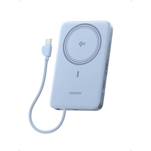 UGREEN MagFlow Air Power Bank, Ultra Slim 10000mAh 15W Magsafe Powerbank, Qi2-zertifiziert, PD 30W Schnellladung, Integriertes Kabel, Ergonomisches Design, MagSafe-Kompatibel, Für17/16/12-15