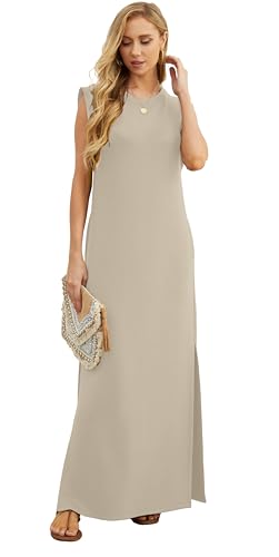 Image of GRECERELLE 2026 Women Year-Round Casual Round Neck Loose Split Wrinkle-Free Long Maxi Vacation Dress with Pockets (XXS-4XL)
