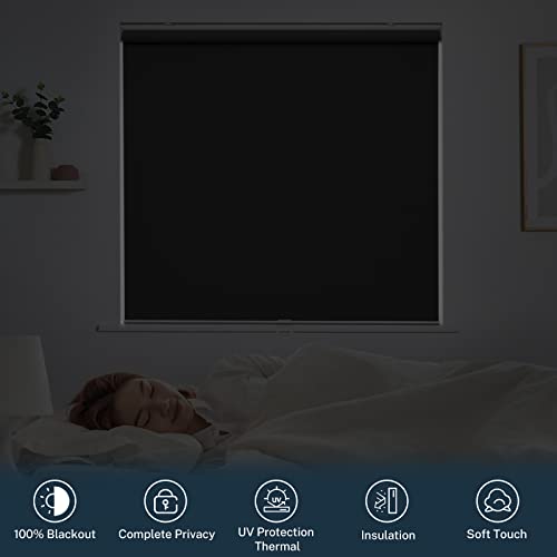 Pasoun Blackout Roller Shades Cordless Roller Blinds with Heat Insulation Waterproof Fire Resistant Crease-Resistant Roll up Window Blinds for Home Easy to Install (Black, Size 28