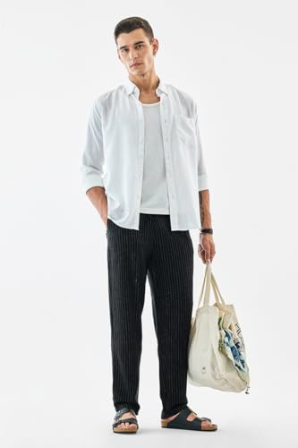 Image of SNITCH Men Casual Trousers | Relaxed Fit Pinstripe Design | Breathable Viscose Blend & Lightweight Fabric for Summer & Everyday Wear