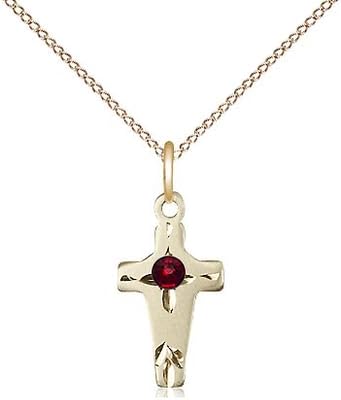 14kt Gold Filled Cross Pendant with a 3mm Faux Garnet Austrian Crystal stone on a 18 inch Gold Filled Light Curb Chain.