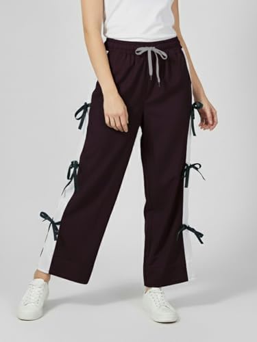 Image of ADDYVERO Women Lose Fitting Side Pockets & Ribbon Detailing High Waisted Casual Cargo Pant (Maroon, 34)
