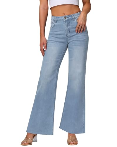 KDF Wide Leg Jeans for Woman Baggy Stretchy Loose Trendy Frayed Hem Denim Boyfriend Pants