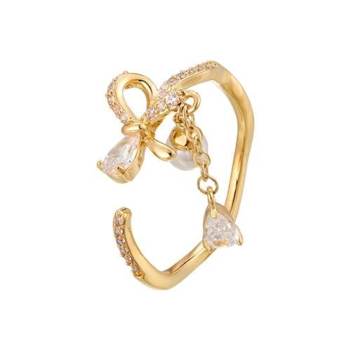 Cubic Zirconia Bow Open Ring Pearl Teardrop Tassel Dangle Adjustable Sweet Ribbon Knot Wrap Finger Band Engagement Promsie Rings for Women Christmas Jewelry