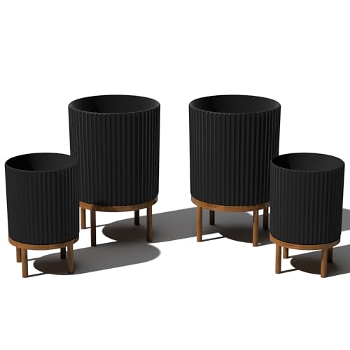 Image of Veradek Demi Series Raised Duo Planters - Set of 2 Planters with Stands | Made From a Durable Plastic-Stone Composite & Comes With Wooden Stand. Modern Porch /Patio Decor