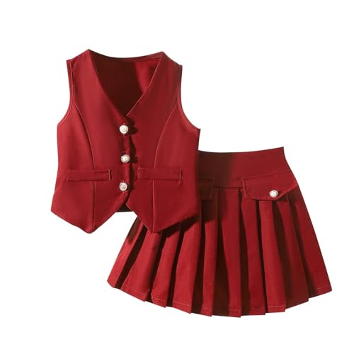 Girls 2 Piece Outfits Pleated A-Line Mini Skirt Set with Sleeveless Button Down V Neck Vest Summer Clothes for 2-8 Years