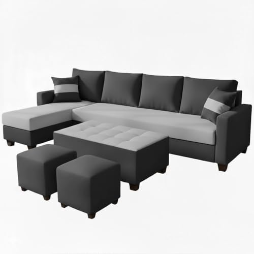 Image of CASASTYLE Adonway 8 Seater Fabric LHS L Shape Sofa Set (Light Grey-Dark Grey) Premium Velvet Finish | Ideal for Living Rooms