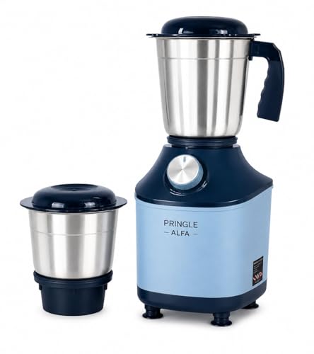 Image of Pringle Alfa 550W 2 Jar Mixer Grinder for Kitchen | 2 SS Jars (Wet & Dry Grinder & Chutney) | Stainless Steel Blades | Compact & Powerful | 5 Yr Warranty | Blue