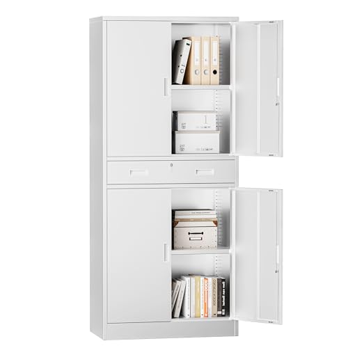 Image of Metal Storage with 1 Drawer, 71 inch Cabinet with 4 Locking Doors and 2 Adjustable Shelves, Steel Storage File Cabinet for Pantry, Kitchen, Office, Garage (White)