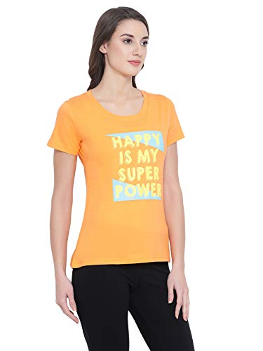 Image of Clovia Women's Cotton Rich Text Print T-Shirt in Orange