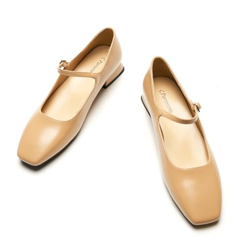 Image of C.Paravano Women's Mary Jane | Comfortable Dressy Ballet Flats | Square Toe | Lambskin Leather Insole, Adjustable Buckle, Low Chunky Heel, Memory Foam, Dressy Shoes, Business Casual, Office Work